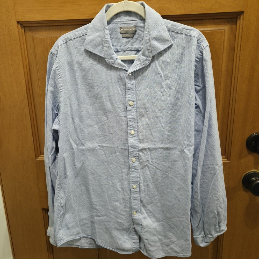 MICHAEL KORS Men's L (16 1/2 - 34/35) Blue Slim Fit Untucked‎ Dress Shirt